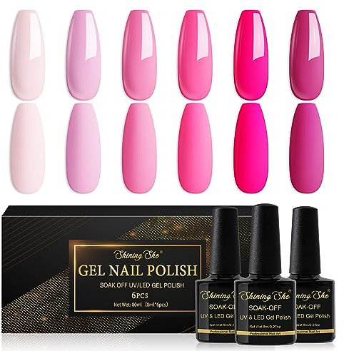 Shining She Gel Nail Polish Set Pink, 6 Colors Pink Rose Gel Polish Kit Soak-Off UV/LED Nail Polish Gift for Nail-Art Salon DIY Home, 8ML
