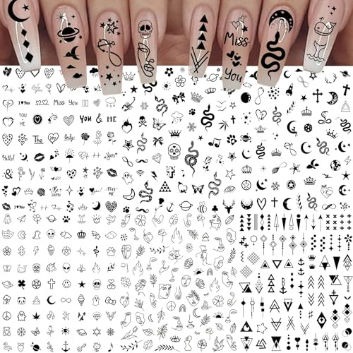 Bilizar 6 Sheets Self-Adhesive Snake Heart Moon Star Nail Art Sticker Decals, Abstract Lady Face Nail Stickers for Women DIY Manicure Decorations, Geometric Triangle Arrow Nail Decals Accessories Tip