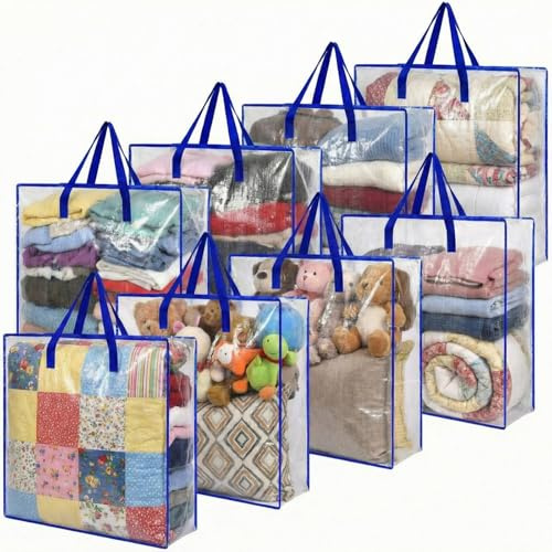 Wesnoy Transparente Kranz-Aufbewahrungstaschen, Umzugstasche, Decke, Tröster, Kleidung, Bettwäsche, Aufbewahrungstaschen mit Griff und Reißverschluss, extra groß, robuster Kunststoff, Umzugs- und