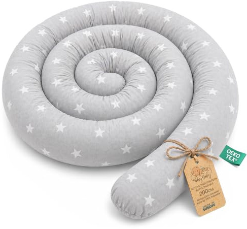Totsy Baby Coussin serpentin XXL Roulé de lit Bordure - 200 cm - d’Allaitement décoratif Protection Bord Serpent XL Fait Main Motif Étoiles Blanches Gris Certificat Oeko-Tex