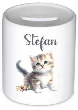 minimutz Spardose Katze für Kinder – Personalisierte Sparbox Tiere Jungen Mädchen – Runde Keramik Sparbüchse 8x9.5 cm - inkl. Wunschnamen Bedruckt