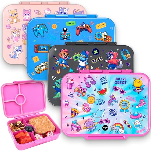 Fringoo - Bento Box - Lunch Box - Leak-Proof, 800ml capactiy, 5 Compartments, Adjustable Divider, BPA-Free, Pink Girl Gang Design