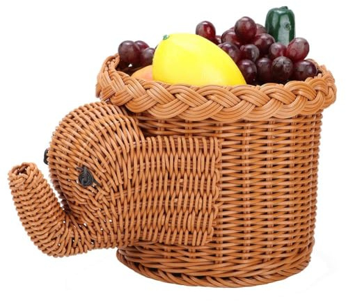 Gsycle Rattan Woven Fruit Basket, 20 cm Cute Elephant Shaped Bread Serving Baskets Snack Storage Bowls Table Desktop Countertop Decorative Display Storage Wicker Baskets for Home(01)