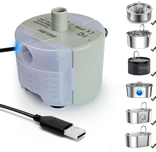 Cat Water Fountain Pump Replacement Pump and Silent Submersible Water Pump, 1.5W Low Power Consumption with LED Light, IP68 Waterproof, Suitable for Stainless Steel Cat Water Dispenser
