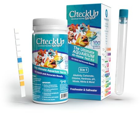 CheckUp Aquarium Test Strips | Test Kit for Freshwater, Saltwater, Pond, Fish Tank | 9 Parameters Test for Iron, Copper, Nitrite, Nitrate, Chlorine, Hardness, pH, Alkalinity and Carbonate | 100 Strips