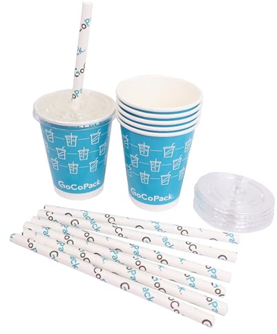 GoCoPack Lot de gobelets à smoothie en carton avec couvercles et pailles – Parfait pour smoothies, milkshakes et boissons froides 340 ml