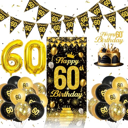 60. Geburtstag Mann Deko mit Banner Hintergrund Luftballons für Männer | Deko 60 Geburtstag Mann Schwarz Gold 60 Geburtstag Deko für Deko 60. Geburtstags Männer Frauen 60 Jahre Happy 60th Birthday