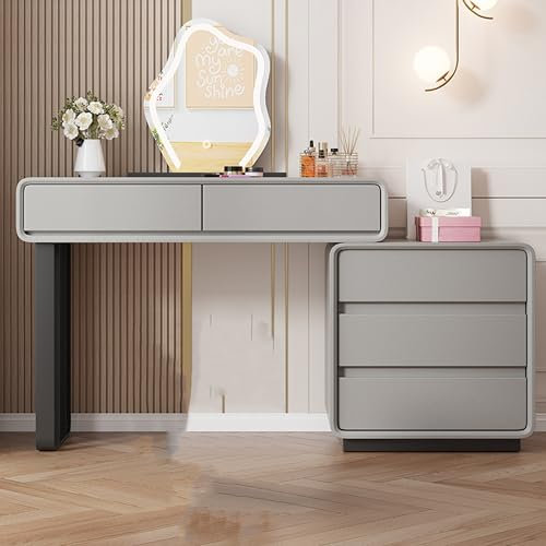 Ernqi Schminktisch mit LED-beleuchtetem Spiegel, Aufbewahrungsschrank Links und rechts austauschbar und einziehbar, Schminkhocker, perfekt für Schlafzimmer und kleine Räume (Gray,B_39.4IN)