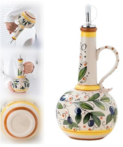 1PACK Ceramic Olive Oil Dispenser Bottle, 23oz Hand Painted Italian Ceramic Bottle, Decorative Stoneware Dispenser with Spout for Oil, Vinegar, Coffee Syrup
