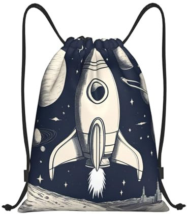 Rucksack Mit Kordelzug Rakete Im Weltraum Druck Klapprucksack Herren Gymnastikbeutel Damen Stoffbeutel, Für Schwimmen, Strandurlaub, 36x42cm
