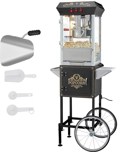 VEVOR Popcornmaschine Popcornautomat mit Wagen 850 W Popcorngerät, 8 oz Kessel für 48 Tassen pro Ladung, Popcornmaschine mit gehärtetem Glas inkl. 4 Schaufeln Kino-Stil Restaurant Schwarz
