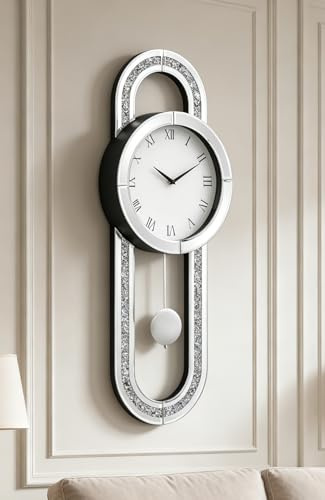 SHYFOY Decorative Wall Clock 31.5 Mirrored Pendulum Clock Silent Quality Quartz Luxury Large Wall Clocks with Crushed Diamond and Silver Glass for Living Room Home Decor & Gift