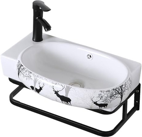 Badezimmer-Eckwaschbecken,Wandmontiertes Schiffswaschbecken,Waschbecken Schmal,Handwaschbecken Gäste Wc,Waschbecken 50cm Breit,Porzellan Keramik,Aufsatzwaschbecken Rund(Black,17/43cm(L))