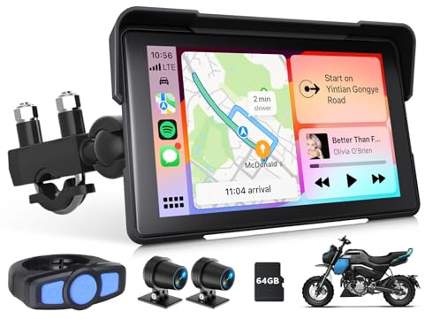 Eonon 7-Zoll-IPS-Bildschirm für Motorräder mit Carplay & Android Auto, 200-Watt-110-Grad-Weitwinkel-Doppelkameras (Vorderseite + Rückseite) für die Doppelaufzeichnung im DVR - Modus P6