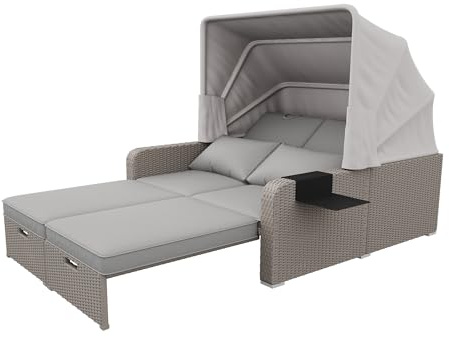 Zenithpath Sonneninsel 2 Personen mit Liegefunktion, Outdoor Sofa Wetterfest mit faltbarem Dach und 10 cm Dicke Kissen für draußenTerrasse Balkon Garten (Khaki, A)