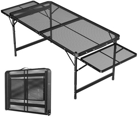 PEILU Mesa de camping plegable de 120 x 60 cm, con estante plegable, mesa auxiliar de metal, mesa auxiliar de jardín con placa de rejilla de metal, capacidad de carga de hasta 30 kg, mesa de barbacoa