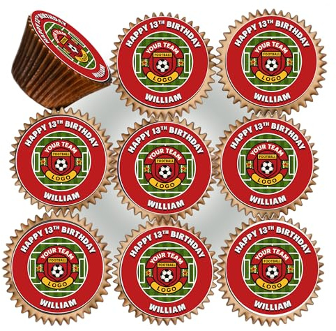 30 x YOUR FOOTBALL TEAM LOGO/COLOUR BIRTHDAY PERSONALISED EDIBLE ICING 3.8 cms CUPCAKE TOPPERS DECORATIONS FB-067