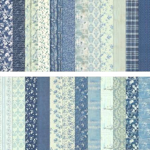 24 Blatt Scrapbook Papier 30,5x30,5cm , Vintage Blau Blumen Motivpapier beidseitig bedruckt, Bastelpapier für Scrapbooking, Kartenherstellung, Journaling & DIY Deko