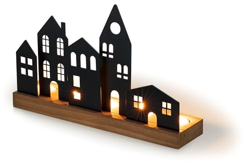 Sziqiqi Teelichthalter Weihnachten Häuser Lichtobjekt: Weihnachtsdorf Kerzenhalter Holz mit 5 Schwarz Metall Häuser für Weihnachtsdeko Tisch - Stadt Silhouette für Wohnzimmer Kamin Fensterbank