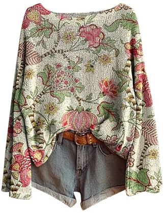 Générique Pull Tricoté pour Femme Hiver Chaud Col Rond Rétro Style Boheme Sweater Imprime Léger À Manches Longues Pulls en Maille Top Décontractés Nouveau Style Chemisier Automne/Hiver
