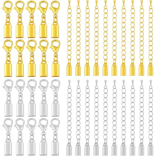 Thinp 20 Sets Lobster Claw Clasps with Cord End Caps, Stainless Steel Bracelet Clasps and Closures Lobster Clasp for Jewelry Making DIY Bracelets Necklaces (Silver, Golden)