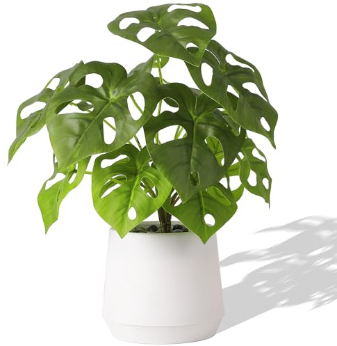 LUWENER Plante artificielle en pot blanc de 35,6 cm avec pierres décoratives - Plante verte synthétique pour salon, bureau, décoration d'intérieur (blanc Monstera)