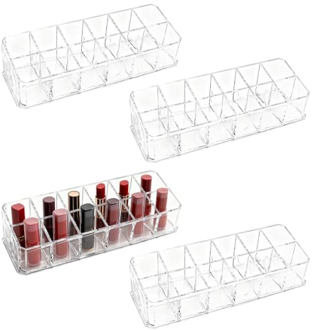 KoMvzyl 4-Pack 12-Slot Acrylic Lipstick Organizer, Lipstick Holder, Lip Gloss Organizer, Cosmetic Storage Display, Perfect Storage Solution for Drawer, Vanity, Bathroom, and More