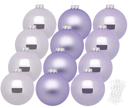 Inge Glas große Weihnachtskugeln mit Haken | Christbaumkugeln aus Glas | Set 12 Kugeln 8cm groß und 40 Aufhänger | Christbaumschmuck Weihnachtsbaumkugeln (Dreamy Lilac Flieder)