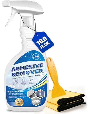 Adhesive Remover Spray, 16.9 Floz Multipurpose Sticker and Label Cleaner with Plastic Scraper and Towel Rapidly Removes Glue, Labels, Decals, Tape Residue, Gum, Tar, Grease for Car, Windows, Floor