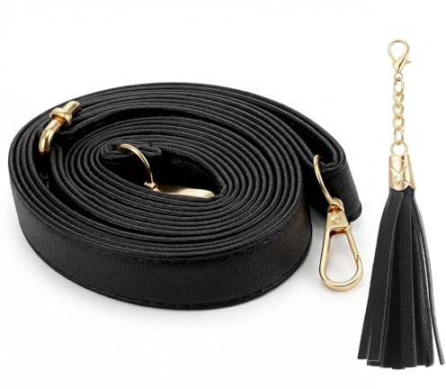 Schwarz 2,5 cm Breit 85-150 cm Taschengurt für Taschen, Schulterriemen | Leder, Verstellbar, mit Quastenanhänger, Taschenriemen Zum Wechseln, für Umhängetasche, Handtaschen, Tragegurt