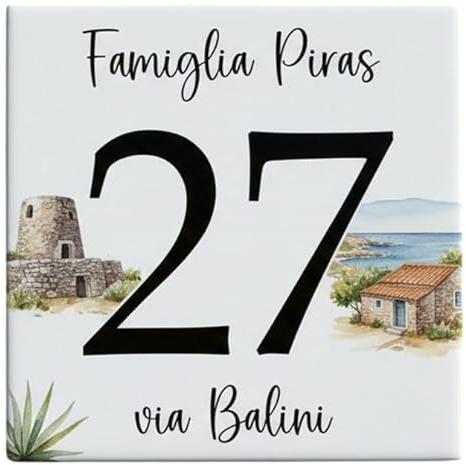 Numero Civico in Ceramica Personalizzabile Con la tua Regione Italiana, Targa Decorativa su Mattonella 11x11cm, con Indirizzo e Nome Famiglia, Made in Italy,Regioni Italiane (Sardegna)