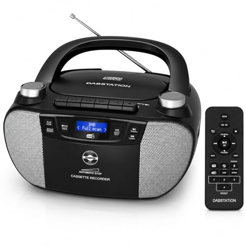 Steepletone DABStation Portable DAB+ & FM Radio CD Player Boombox with Cassette Tape Deck, Bluetooth, USB MP3 Playback, Remote Control, Mains or Battery Powered