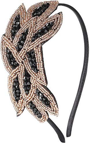 ArtiDeco 1920s Headpiece Vintage 1920s Headband Crystal Headband Flapper Headpiece with Crystal Great Gatsby Costume Accessories Roaring 20's Accessories (Gold Black)(Size: One Size)