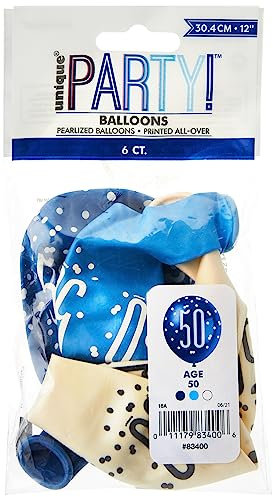 Vibrant 50th Glitz Latex Balloons in Light Blue, Royal Blue, & White (30cm) - Perfect for Parties, Celebrations & Events - 6ct