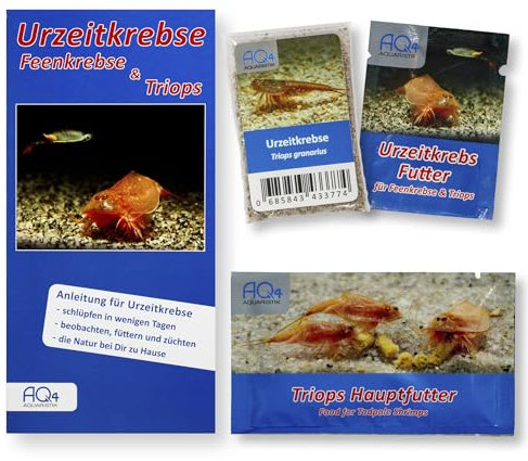 AQ4Aquaristik Triops granarius - Starter Set ca. 100 Urzeitkrebse Eier - mit Aufzuchtfutter, Hauptfutter und Anleitung