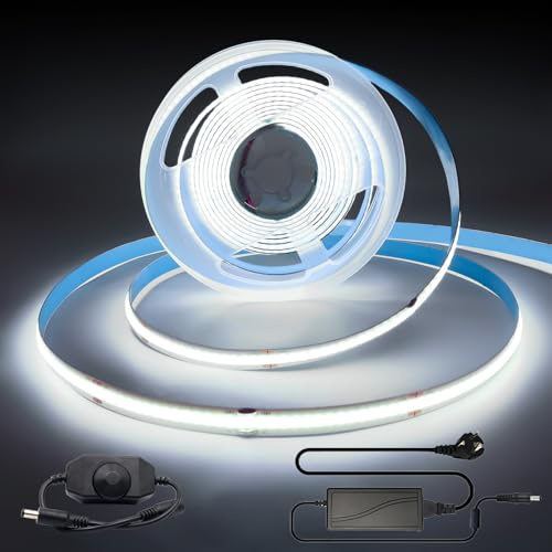 Arotelicht COB LED Streifen 3m 24V COB LED Strip kaltweiß 6000K dimmbar COB LED Band Lichterkette Hohe Dichte 320 LEDs/M inklusive Adapter und Dimmer IP20 für Schlafzimmer Küche Home Innendekoration