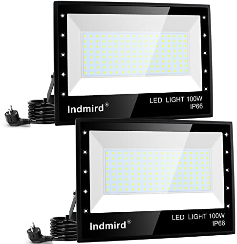 Indmird LED Strahler Außen 100W, 2 Stücke Superhell 10000LM Led Fluter 6500K Kaltweiß Led Scheinwerfer mit Stecker IP66 Wasserfest Baustrahler Flutlicht Außenstrahler für Garten Hof Garage Sportplatz