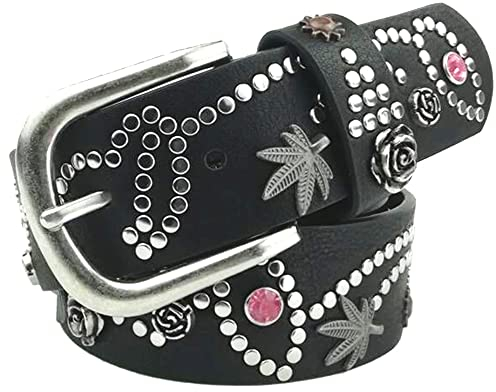 通用 Vintage Damen Nietengürtel Funkelnden Strass Nieten Gürtel kürzbar Gürtel Western Ledergürtel für Jeans Hosen (Schwarz)