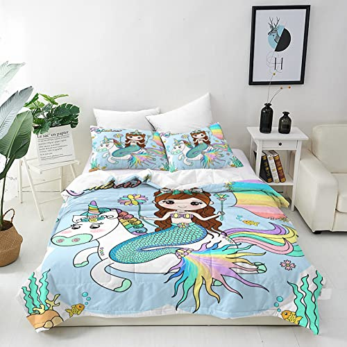 ANHOPE Prinzessin Meerjungfrau Einhorn Bettwäsche Set 3 Teilig Weich Bettbezug 135x200 cm & 2 Kissenbezug 50x70 cm Microfaser Bettbezüge Set mit Reißverschluss Bettdeckenbezug für Kinder Mädchen