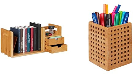 Relaxdays Schreibtisch Organizer Bambus, 2 Schubladen, 21x80,5x19 cm, Natur & , natur Stiftköcher Bambus, Utensilienbox Holz, f. Stifte, Schere, Stiftehalter, Landhausstil, HBT 11 x9 x 9 cm, Standard