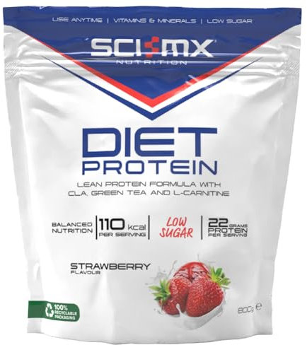 SCI-MX Diet Whey Protein Powder + Vitamins & Green Tea, CLA & L-Carnitine - Strawberry • Low Sugar • 22g Protein + 110 Calories per Serving • 800g