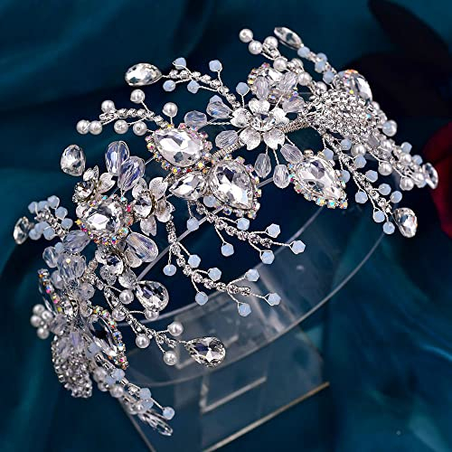Braut Kopfschmuck Hochzeit aus Perlen Strass Haarschmuck Damen Silber Brautschmuck Haare Brautjungfern Brauthaarschmuck Mädchen Haar Schmuck (lang 11,4 Zoll), Silver