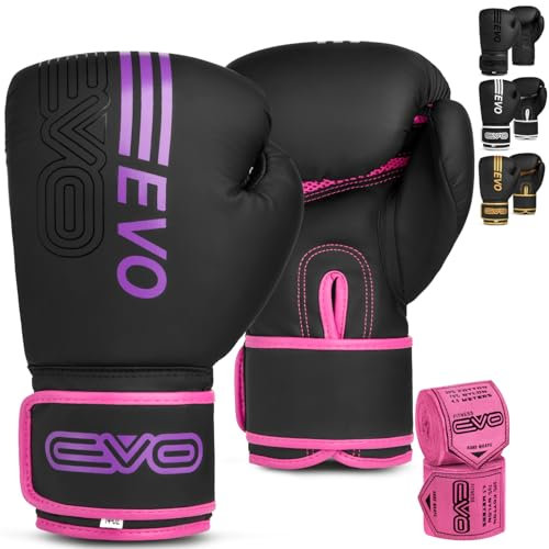 EVO Fitness Matte Black Boxing Gloves MMA Muay Thai Martial Arts Kick Boxing Sparring Training Fighting Men Punch Bag Women Pink Gloves With Hand Wraps (Pink, 14 OZ)