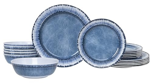 AELS Juego de vajilla de melamina de 18 piezas para uso en interiores y exteriores, apto para lavavajillas, ligero, irrompible, sin BPA (azul marino, servicio para 6 (18 piezas)