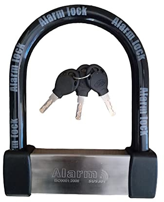 EnzZone Heavy Duty Anti Theft Alarm U Lock for E-Bikes, Scooters, Motorcycles - 16mm Stainless Steel, 3 Keys, Weatherproof