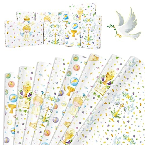 DPKOW 8 Blätter Kommunion Taufe Geschenkpapier Engel Tauben Fisch DIY Wrapping Paper Erstkommunion Geburt Firmung Geschenkpapierbögen Hochzeit Weihnachten Glückwunsch für Geschenkverpackung, 70x50cm