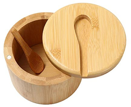 Leadigol Salero de bambú con mini cuchara, caja de sal de bambú con tapa giratoria, caja de almacenamiento de condimentos para sal, pimienta, azúcar, especias