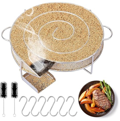 Generatore di fumo freddo con manico, mizikuu, generatore di fumo freddo rotondo in acciaio inox con 6 ganci per carne + 2 spazzole per la pulizia, affumicatore per barbecue, forni per affumicatura,