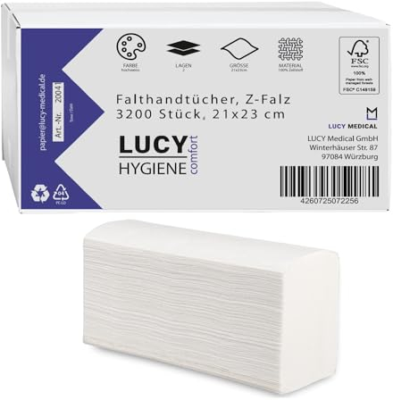 LUCY Hygiene Papierhandtücher N-Falz für Spender | 2-lagig, 23x22cm | 3200 Blatt | 100% Zellstoff, Hochweiß | saugstark, reißfest & weich |Optimal für N-Falz (INTERFOLD bzw. MULTIFOLD) Handtuchspender