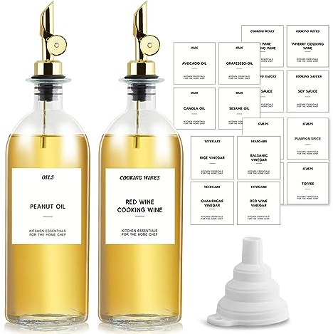 sunal Olive Oil Dispenser Bottle for Kitchen,Set of 2 Gold 16.9oz/500ml Oil and Vinegar Dispenser Set with Weighted Pourer,Glass Coffee Syrup Dispenser with Waterproof Label×40,Silicone Funnel×1